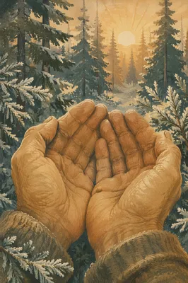 Mustard Seed Held in Frosted Evergreen Hands