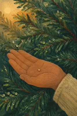 Mustard Seed in Hand with Evergreens