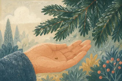 Mustard Seed in Hand Beneath Evergreen