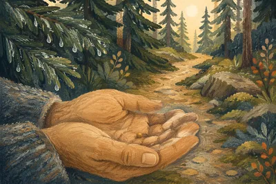 Mustard Seed Held on Evergreen Forest Path