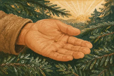 Mustard Seed in Hand Among Evergreens
