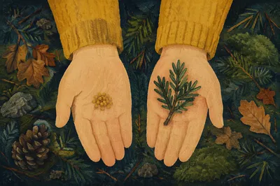 Mustard Seeds and Evergreen Sprig in Hands