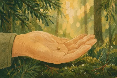 Mustard Seed in Hand Among Evergreens