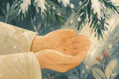 Mustard Seed Held Beneath Evergreen Branches