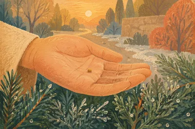 Mustard Seed in Palm Among Evergreens