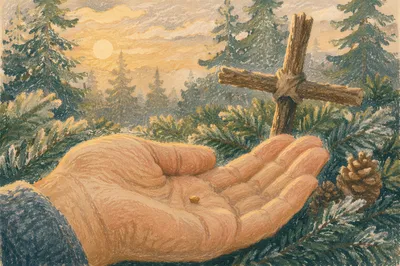 Mustard Seed in Hand with Evergreen Cross
