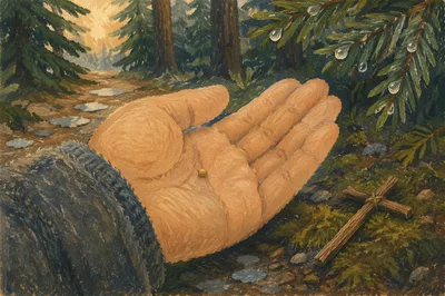 Mustard Seed in Hand on Evergreen Path