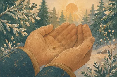 Mustard Seed in Weathered Hands at Sunrise