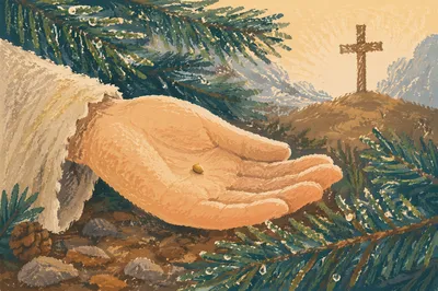 Mustard Seed in Palm with Evergreen Cross