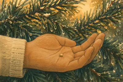 Mustard Seed in Hand with Evergreens