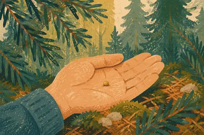 Mustard Seed in Palm Among Evergreens
