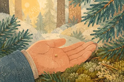 Mustard Seed in Palm Among Evergreens