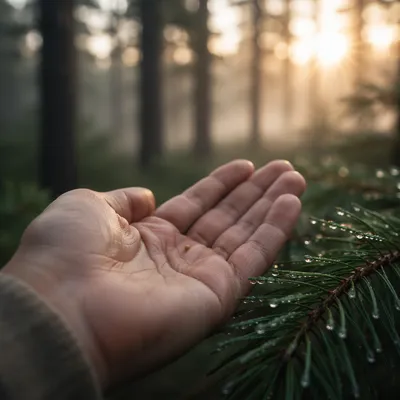 Mustard Seed in Hand by Evergreen Branch
