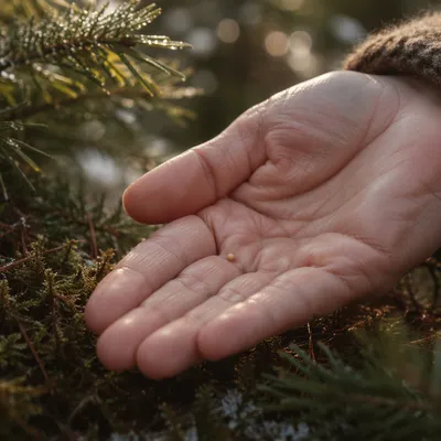 Mustard Seed Held Above Evergreen Moss