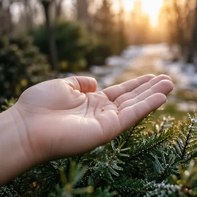 Mustard Seed in Open Palm Over Evergreens