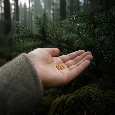 Mustard Seeds in Palm Among Evergreens