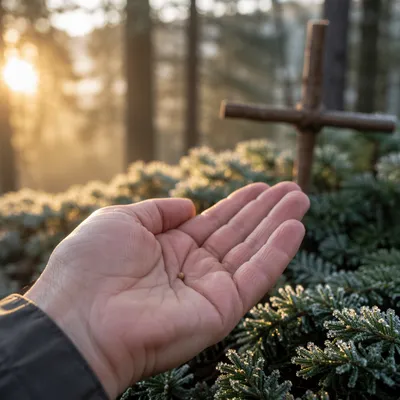 Mustard Seed in Palm Among Evergreens