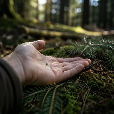 Mustard Seed in Palm Among Evergreens