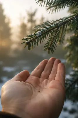 Mustard Seed in Hand Beneath Evergreen