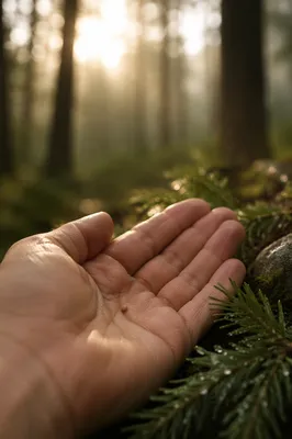 Mustard Seed in Hand by Evergreen Branch
