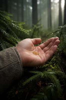 Mustard Seeds in Hand Among Evergreens