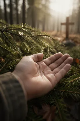 Mustard Seed in Hand Among Evergreens