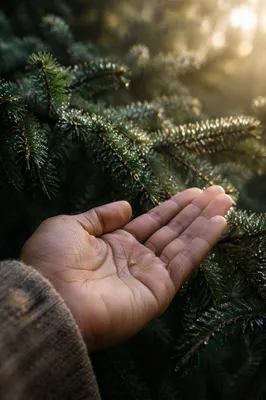 Mustard Seed in Hand Among Evergreens