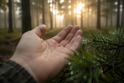 Mustard Seed in Hand by Evergreen Branch
