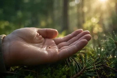 Mustard Seed in Palm Above Evergreen