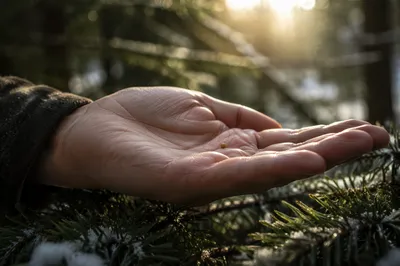 Mustard Seed in Hand Over Evergreens