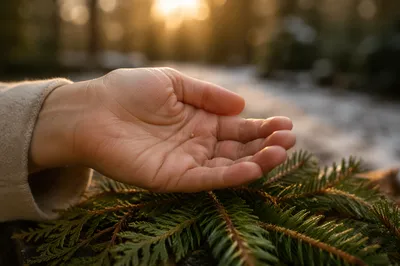 Mustard Seed in Palm Above Evergreens