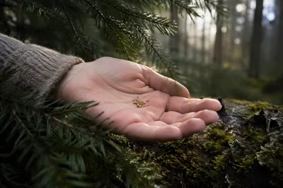 Mustard Seeds in Palm Among Evergreens