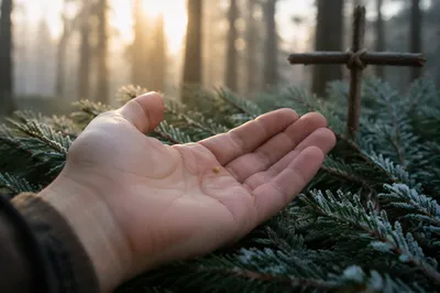 Mustard Seed in Palm with Evergreen Cross
