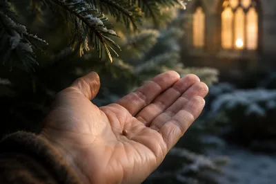 Mustard Seed in Hand Beneath Evergreen