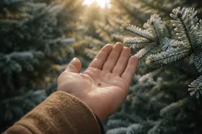 Mustard Seed in Hand Amid Evergreens