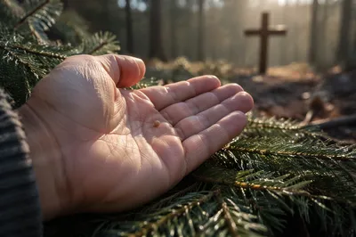 Mustard Seed in Palm Among Evergreens