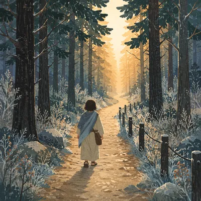 Narrow Evergreen Forest Path Toward Morning Light