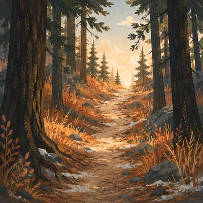 Narrow Evergreen Path Toward Golden Light