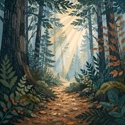 Narrow Evergreen Path Toward Morning Light