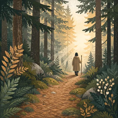 Narrow Evergreen Path Toward Morning Light