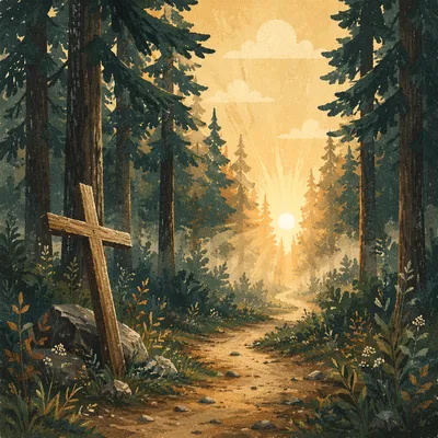 Evergreen Forest Path Toward Morning Light