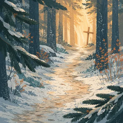 Narrow Evergreen Path Toward Golden Light
