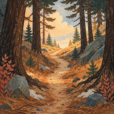 Narrow Evergreen Path Toward Golden Light