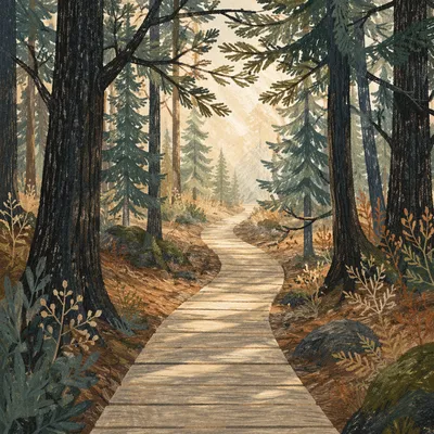 Narrow Boardwalk Through Evergreen Forest Light