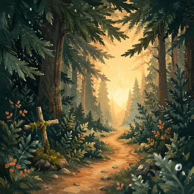 Narrow Evergreen Path Toward Morning Light