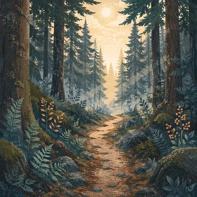 Narrow Evergreen Path Toward Morning Light