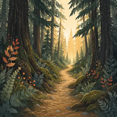 Narrow Evergreen Path Toward Morning Light