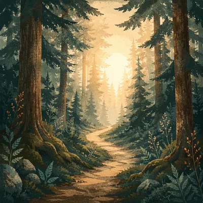 Narrow Evergreen Path Toward Morning Light