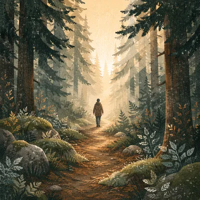 Narrow Evergreen Path Toward Golden Light