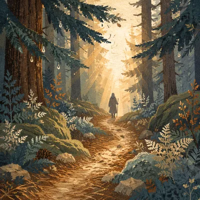 Narrow Evergreen Path Toward Morning Light